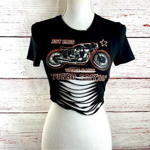 SHEIN Distressed Motorcycle Crop Top – Black Graphic Biker Tee – Size Small